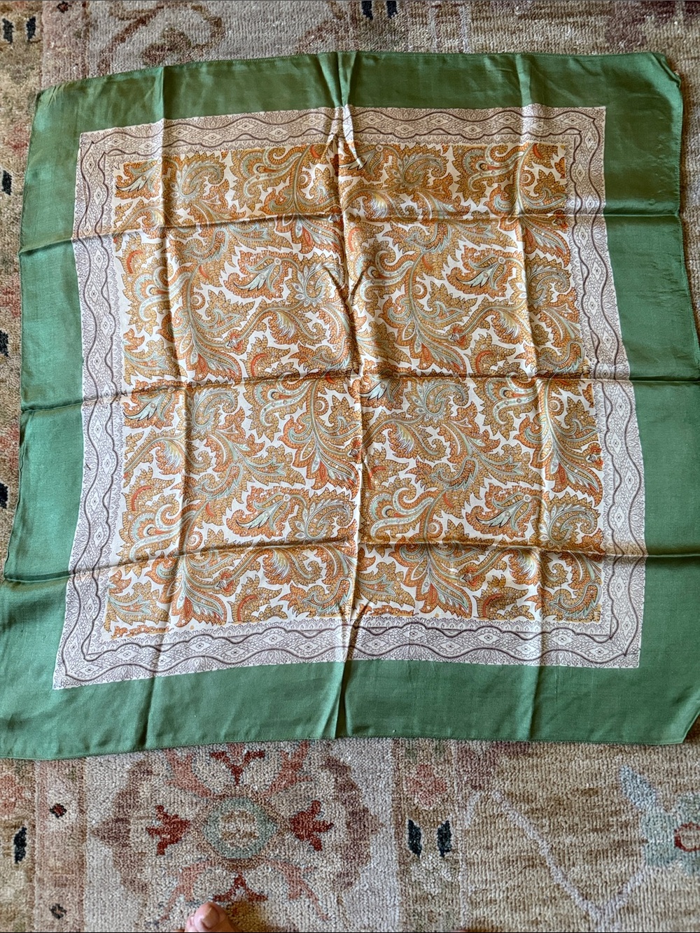 Vintage Liberty Scarf Made in England Green, Cream and Gold Paisley Square Scarf